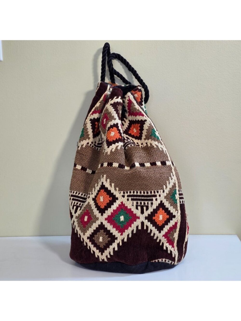 Vtg Kilim Tapestry Drawstring Bucket Backpack Boho Geometric Southwestern Aztec